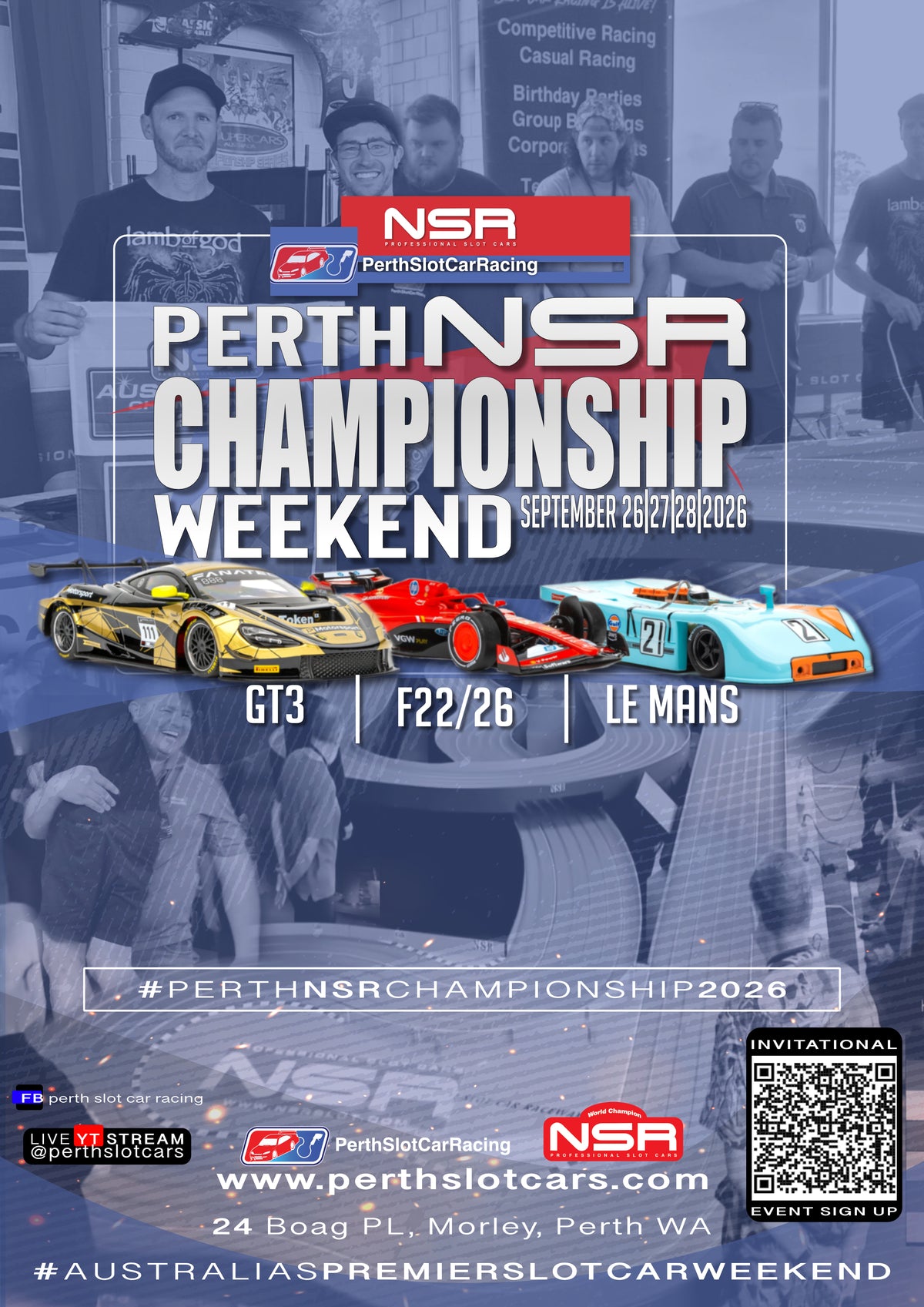 Promotional poster for Perth NSR Championship Weekend featuring slot cars and event details.